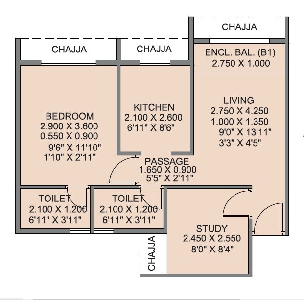 Floor plan of 1 BHK 451 Sq. Ft. Apartment in Neel Sidhi Infinity, Navi Mumbai