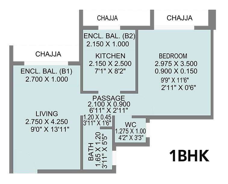 Floor plan of 1 BHK 326 Sq. Ft. Apartment in Neel Sidhi Orbit, Navi Mumbai