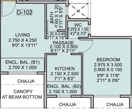 Floor plan of 1 BHK 329 Sq. Ft. Apartment in Neel Sidhi Orbit, Navi Mumbai