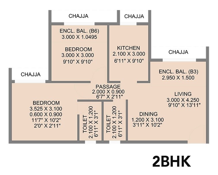 Floor plan of 2 BHK 469 Sq. Ft. Apartment in Neel Sidhi Orbit, Navi Mumbai