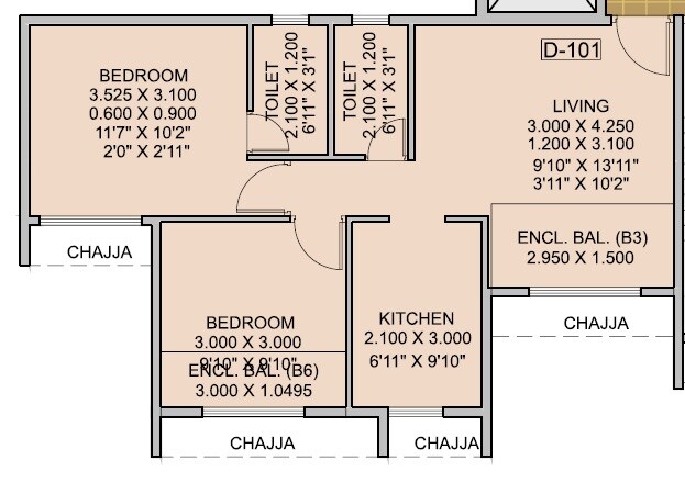 Floor plan of 2 BHK 475 Sq. Ft. Apartment in Neel Sidhi Orbit, Navi Mumbai