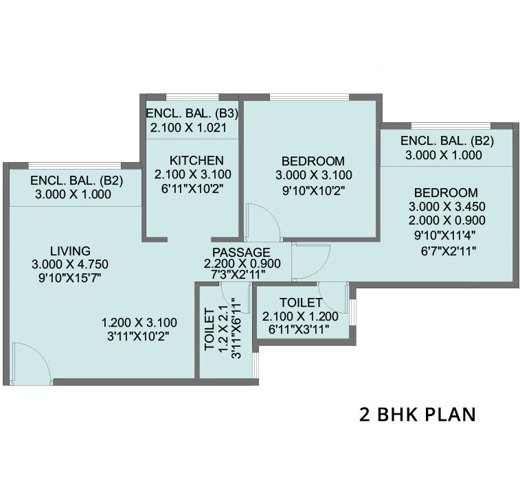 Floor plan of 2 BHK 516 Sq. Ft. Apartment in Neel Sidhi Regalia, Navi Mumbai