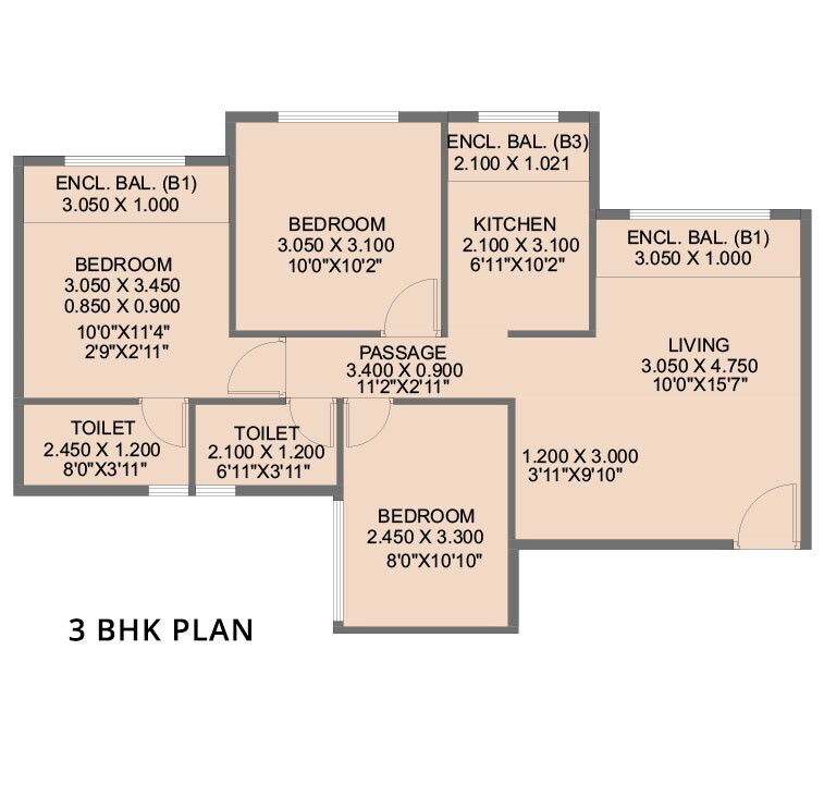 Floor plan of 3 BHK 619 Sq. Ft. Apartment in Neel Sidhi Regalia, Navi Mumbai