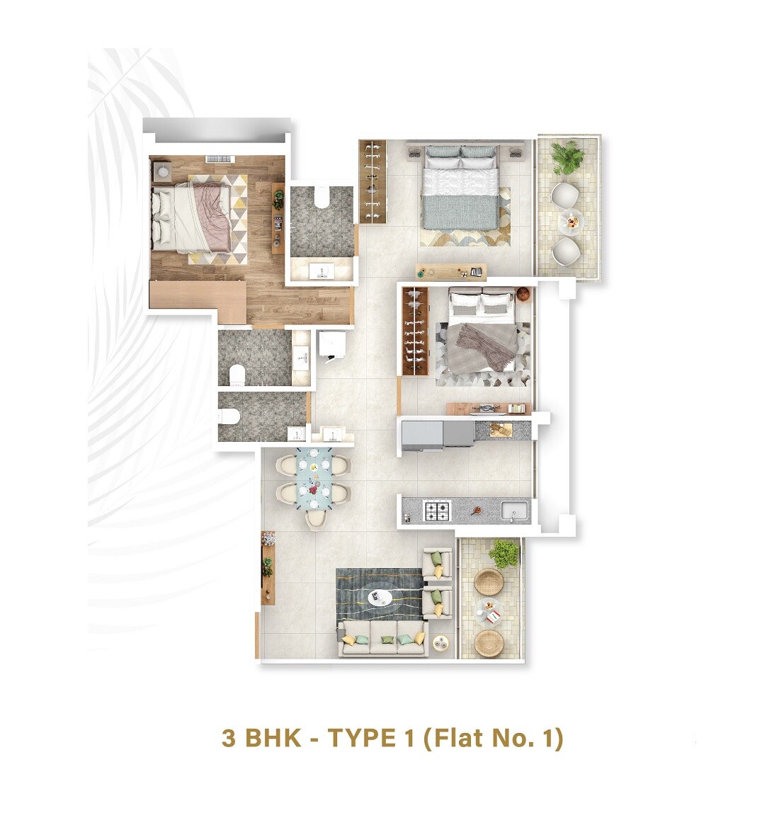 Floor plan of 3 BHK 1014 Sq. Ft. Apartment in Neel West Wind, Navi Mumbai