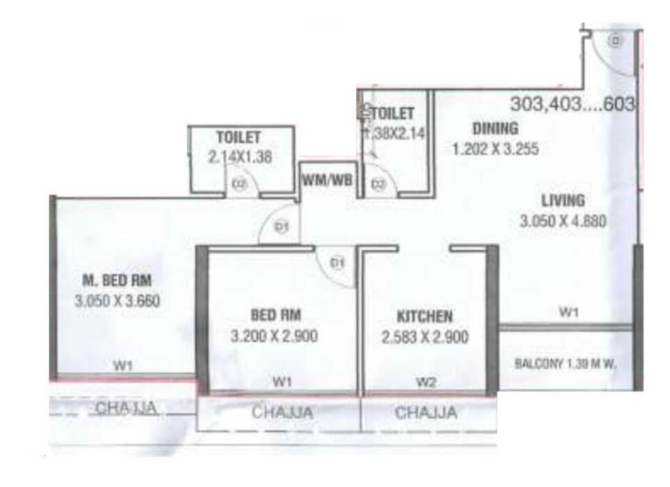 Floor plan of 2 BHK 601 Sq. Ft. Apartment in Neelkanth Auris, Navi Mumbai