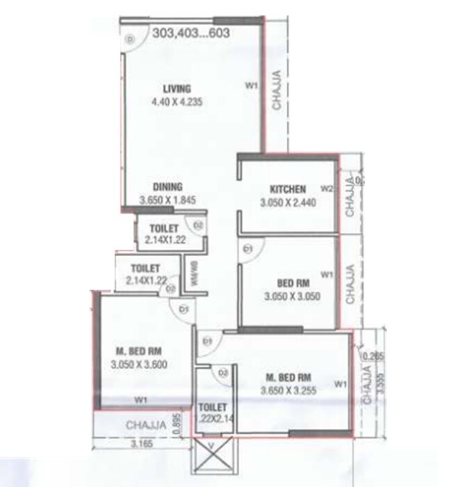 Floor plan of 3 BHK 859 Sq. Ft. Apartment in Neelkanth Auris, Navi Mumbai
