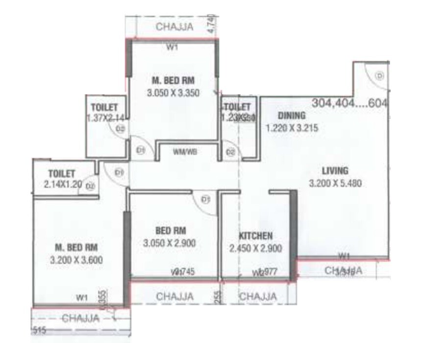 Floor plan of 3 BHK 895 Sq. Ft. Apartment in Neelkanth Auris, Navi Mumbai