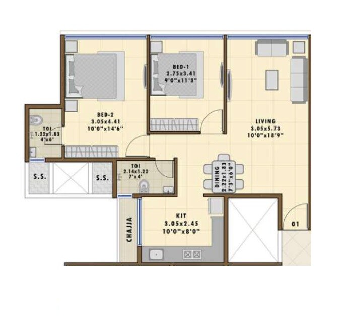 Floor plan of 2 BHK 825 Sq. Ft. Apartment in Neelkanth Avenue, Navi Mumbai