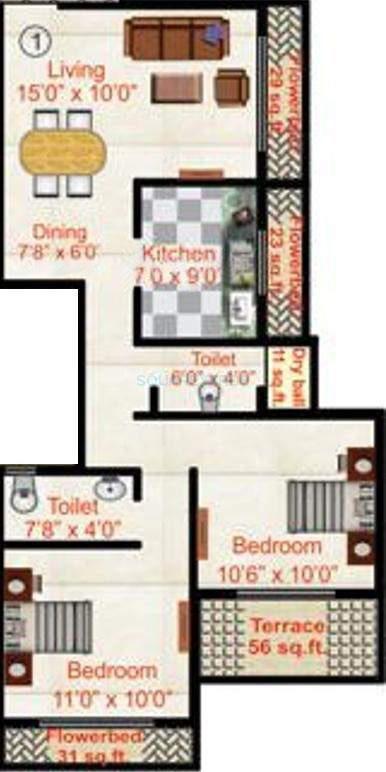 Floor plan of 2 BHK 1106 Sq. Ft. Apartment in Neelkanth Bliss, Navi Mumbai
