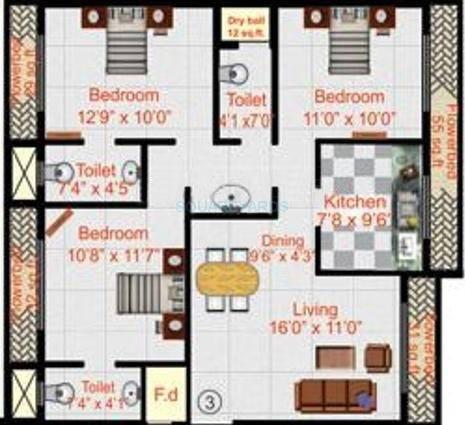 Floor plan of 3 BHK 1535 Sq. Ft. Apartment in Neelkanth Bliss, Navi Mumbai