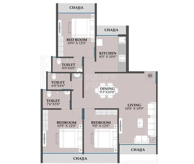 Floor plan of 3 BHK 894 Sq. Ft. Apartment in Neelkanth Darshan Kharghar, Navi Mumbai