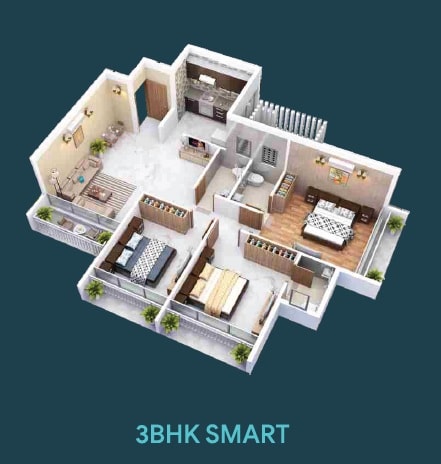 Floor plan of 3 BHK 950 Sq. Ft. Apartment in Neelkanth Dham, Navi Mumbai
