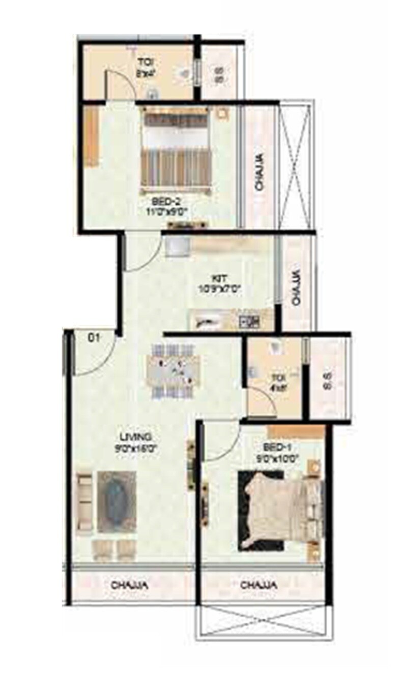 Floor plan of 2 BHK Apartment - 724 sq. ft. in Neelkanth Green, Navi Mumbai