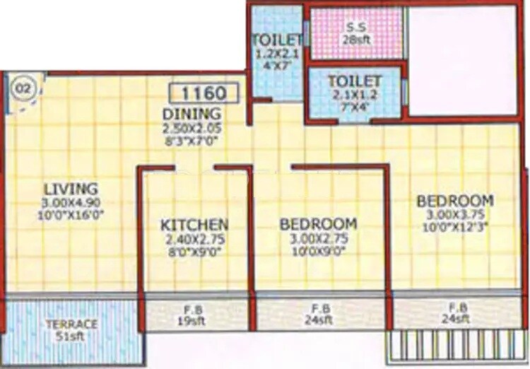 Floor plan of 2 BHK 1160 Sq. Ft. Apartment in Neelkanth Heights, Navi Mumbai