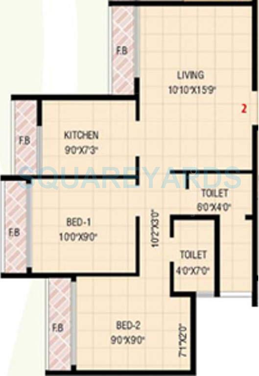 Floor plan of 2 BHK 1091 Sq. Ft. Apartment in Neelkanth Krupa, Navi Mumbai
