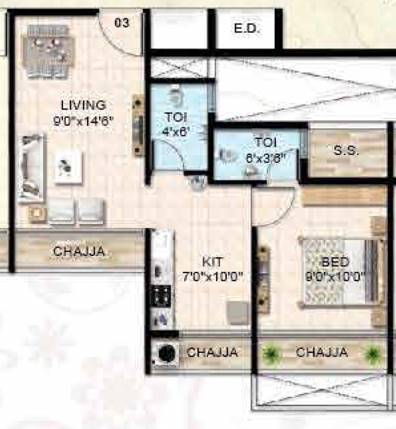 Floor plan of 1 BHK 330 Sq. Ft. Apartment in Neelkanth Luxuria, Navi Mumbai