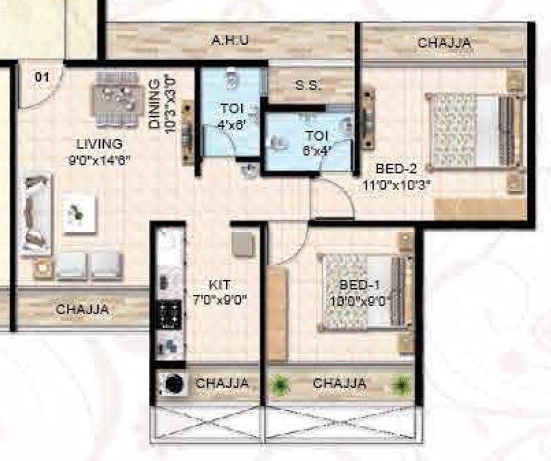 Floor plan of 2 BHK 426 Sq. Ft. Apartment in Neelkanth Luxuria, Navi Mumbai