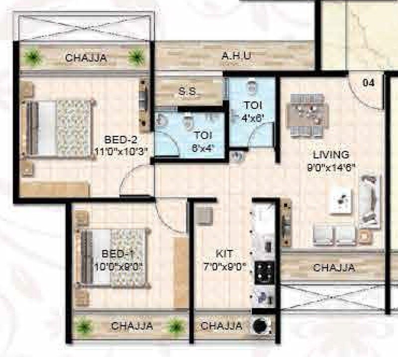 Floor plan of 2 BHK 460 Sq. Ft. Apartment in Neelkanth Luxuria, Navi Mumbai