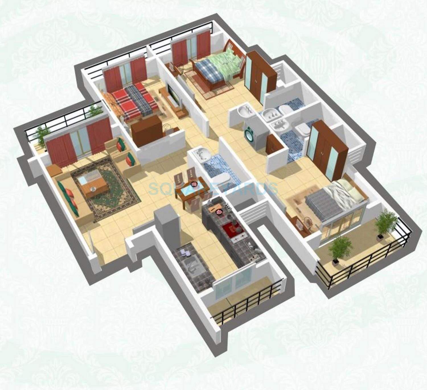 Floor plan of 3 BHK 1473 Sq. Ft. Apartment in Neelkanth Majestic, Navi Mumbai