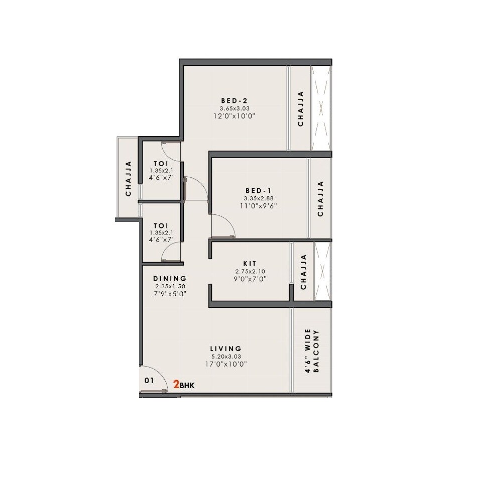 Floor plan of 2 BHK 624 Sq. Ft. Apartment in Neelkanth One Vaviya, Navi Mumbai