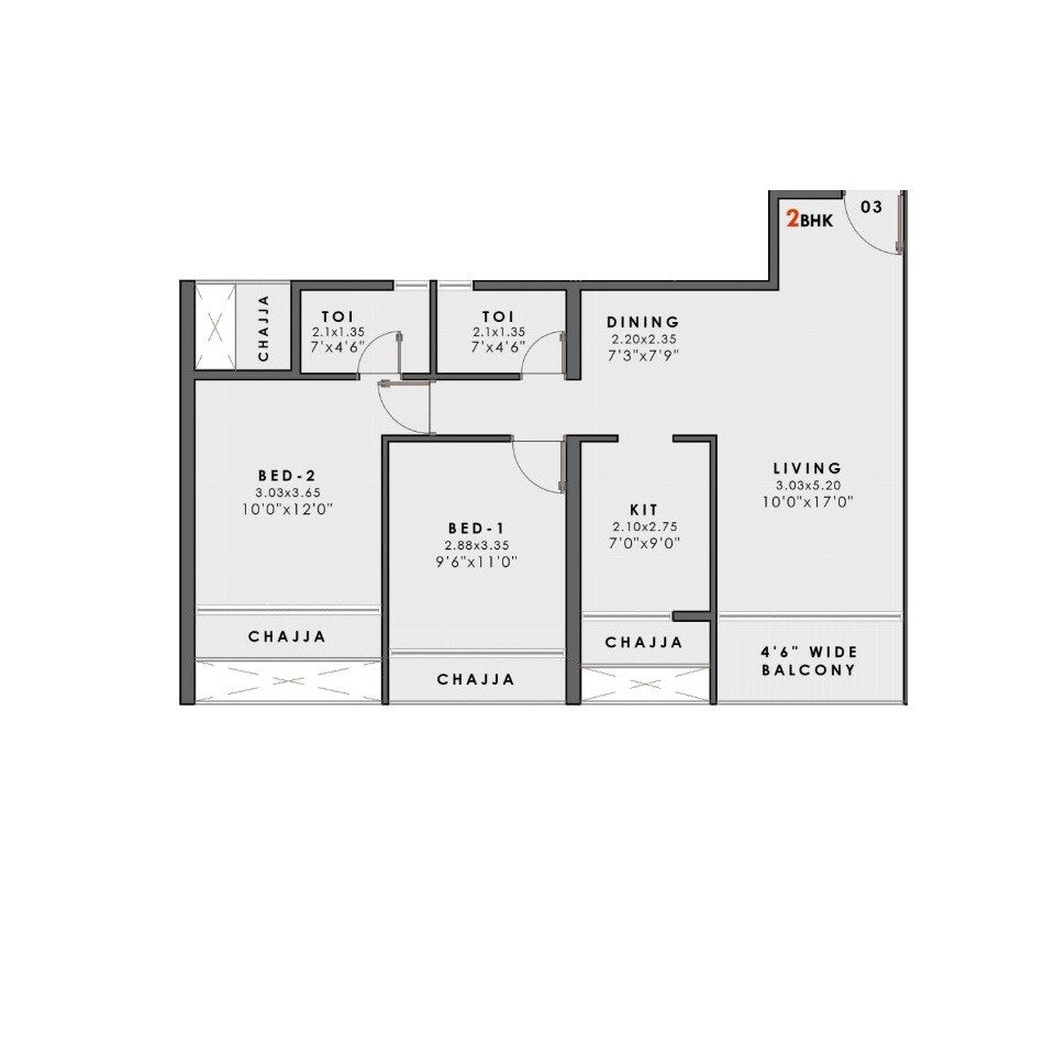 2 BHK 664 Sq. Ft. Apartment