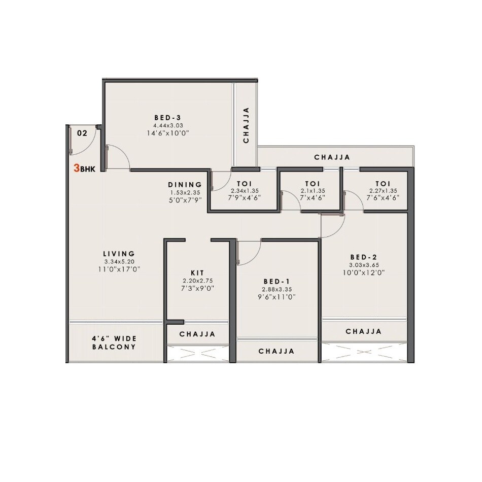 Floor plan of 3 BHK 852 Sq. Ft. Apartment in Neelkanth One Vaviya, Navi Mumbai
