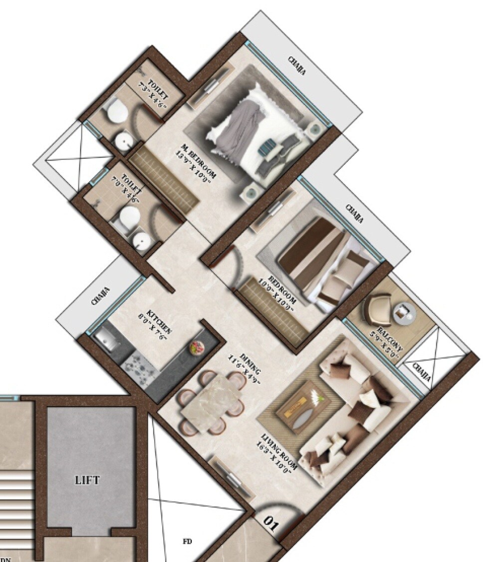 Floor plan of 2 BHK 644 Sq. Ft. Apartment in Neelkanth Palm President, Navi Mumbai