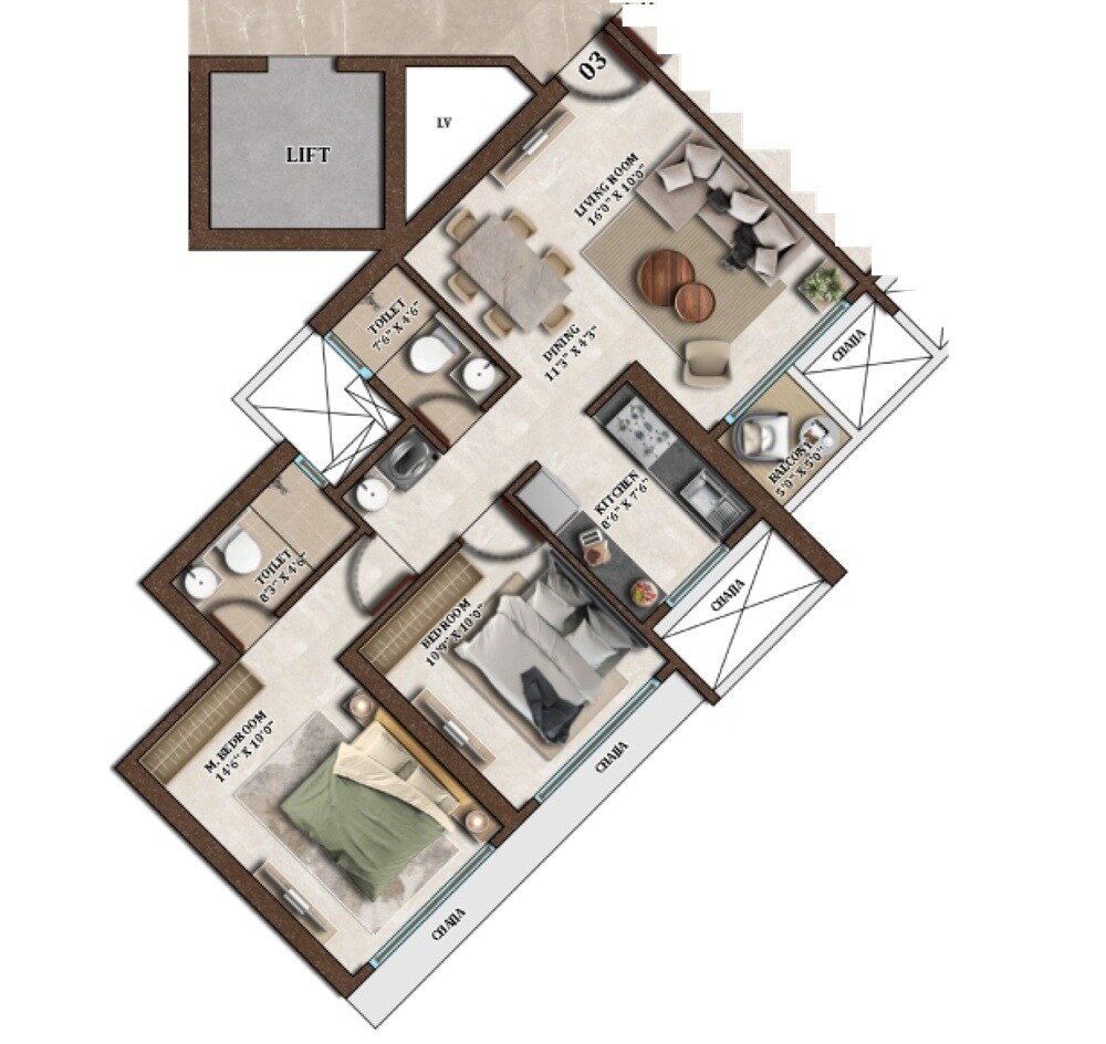Floor plan of 2 BHK 690 Sq. Ft. Apartment in Neelkanth Palm President, Navi Mumbai