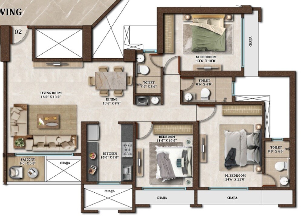 Floor plan of 3 BHK 1027 Sq. Ft. Apartment in Neelkanth Palm President, Navi Mumbai