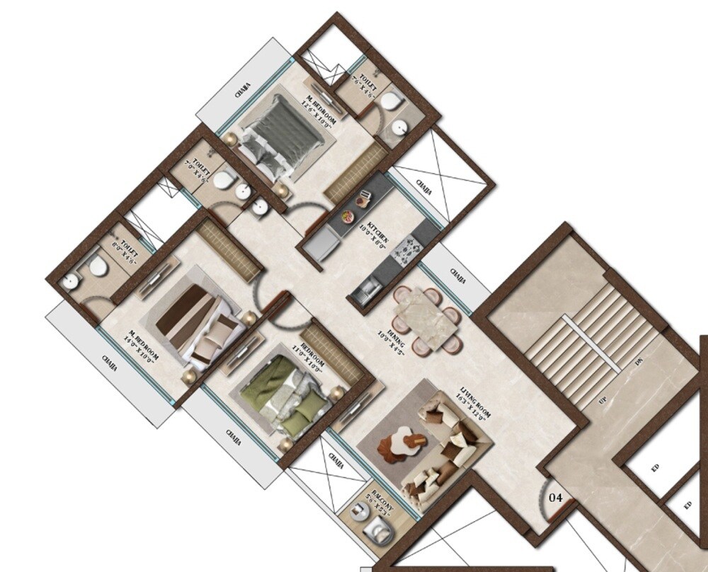 Floor plan of 3 BHK 897 Sq. Ft. Apartment in Neelkanth Palm President, Navi Mumbai