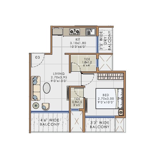Floor plan of 1 BHK 305 Sq. Ft. Apartment in Neelkanth Rudra, Navi Mumbai