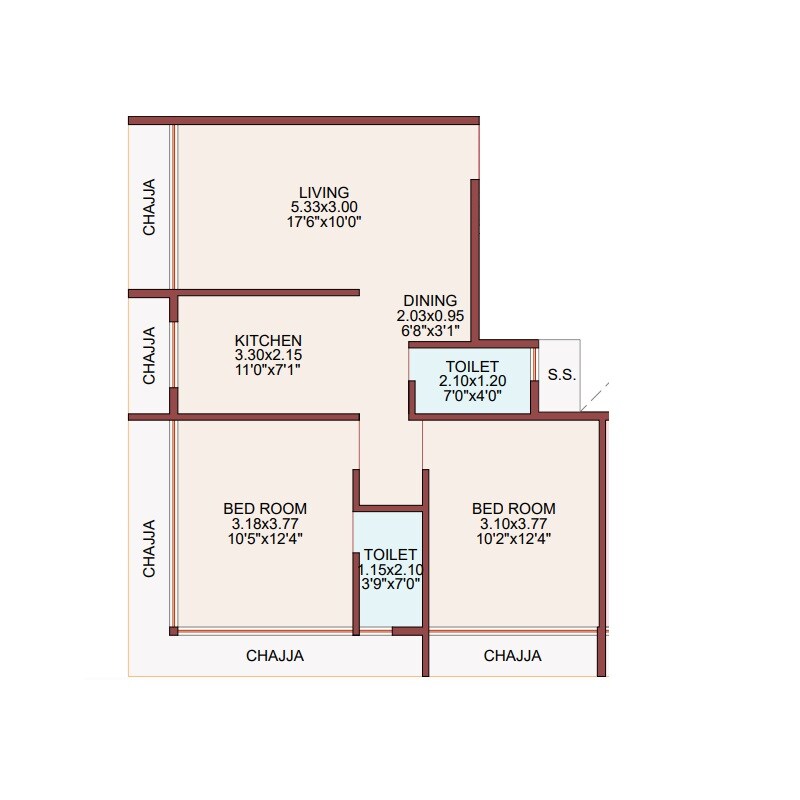 Floor plan of 2 BHK 666 Sq. Ft. Apartment in Neelkanth Shiv, Navi Mumbai