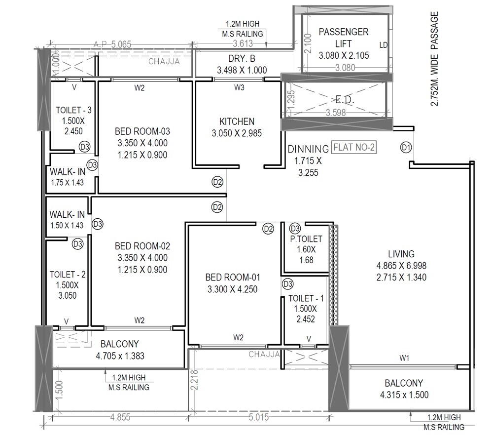 Floor plan of 3 BHK 1366 Sq. Ft. Apartment in Neelkanth The Palm Meridian, Navi Mumbai