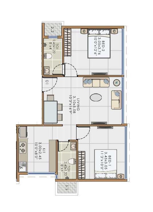 Floor plan of 2 BHK 494 Sq. Ft. Apartment in Neelkanth Vaviya Aries, Navi Mumbai