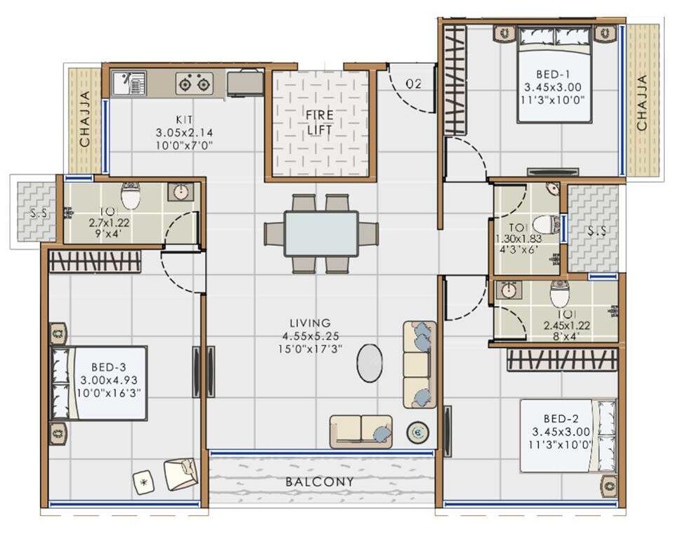 Floor plan of 3 BHK 784 Sq. Ft. Apartment in Neelkanth Vaviya Aries, Navi Mumbai