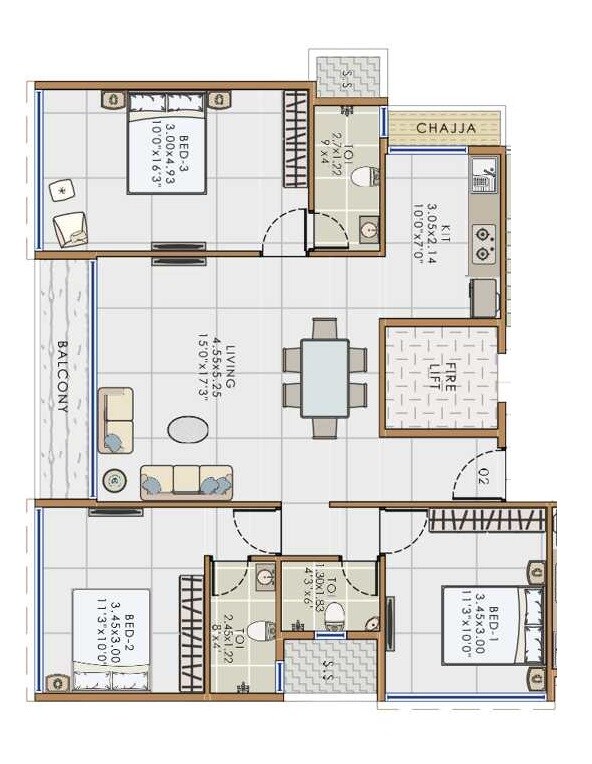 3 BHK 835 Sq. Ft. Apartment