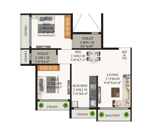 Floor plan of 2 BHK 442 Sq. Ft. Apartment in Neelkanth Vaviya Seventy 7, Navi Mumbai