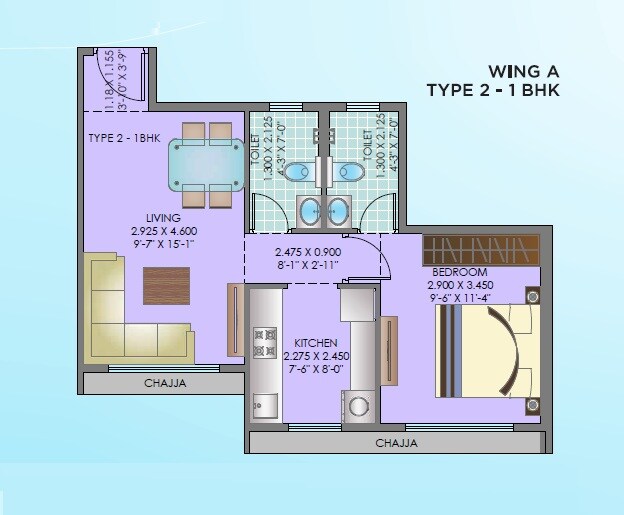 Floor plan of 1 BHK 423 Sq. Ft. Apartment in Neelsidhi Centrio, Navi Mumbai