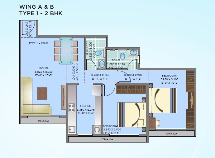 Floor plan of 2 BHK 674 Sq. Ft. Apartment in Neelsidhi Centrio, Navi Mumbai