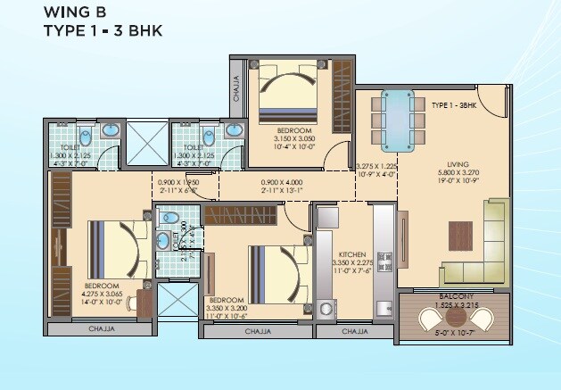 Floor plan of 3 BHK 860 Sq. Ft. Apartment in Neelsidhi Centrio, Navi Mumbai