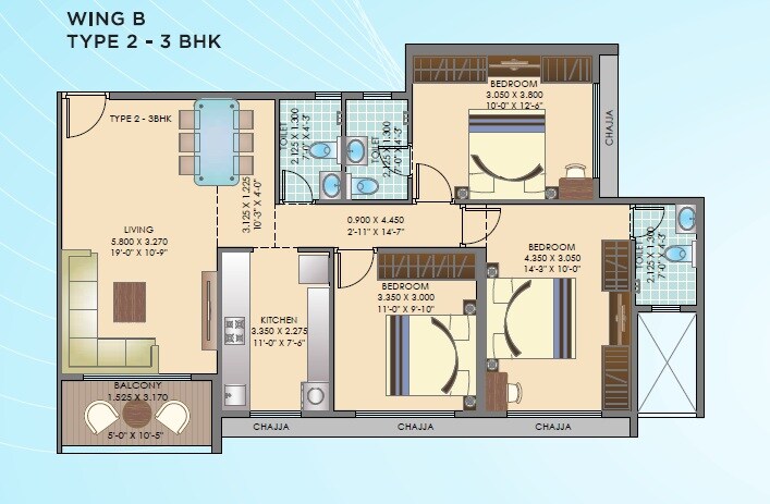 Floor plan of 3 BHK 873 Sq. Ft. Apartment in Neelsidhi Centrio, Navi Mumbai
