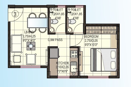 Floor plan of 1 BHK 444 Sq. Ft. Apartment in Nehal Dhara Raj Baug, Navi Mumbai