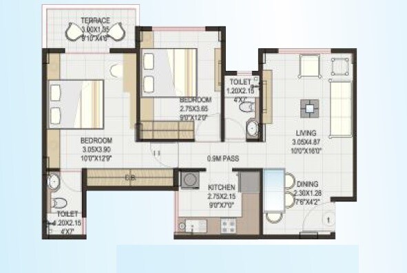 Floor plan of 2 BHK 650 Sq. Ft. Apartment in Nehal Dhara Raj Baug, Navi Mumbai
