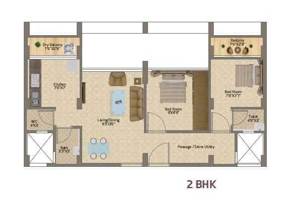 Floor plan of 2 BHK 450 Sq. Ft. Apartment in Neo Residency, Navi Mumbai