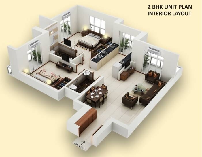 Floor plan of 2 BHK 758 Sq. Ft. Apartment in Newa Bhakti Park, Navi Mumbai