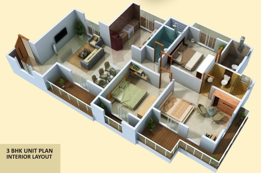 Floor plan of 3 BHK 1075 Sq. Ft. Apartment in Newa Bhakti Park, Navi Mumbai