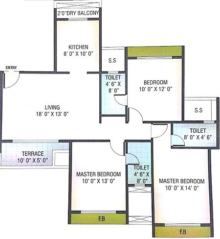 Floor plan of 3 BHK 788 Sq. Ft. Apartment in NG Grand Plaza, Navi Mumbai