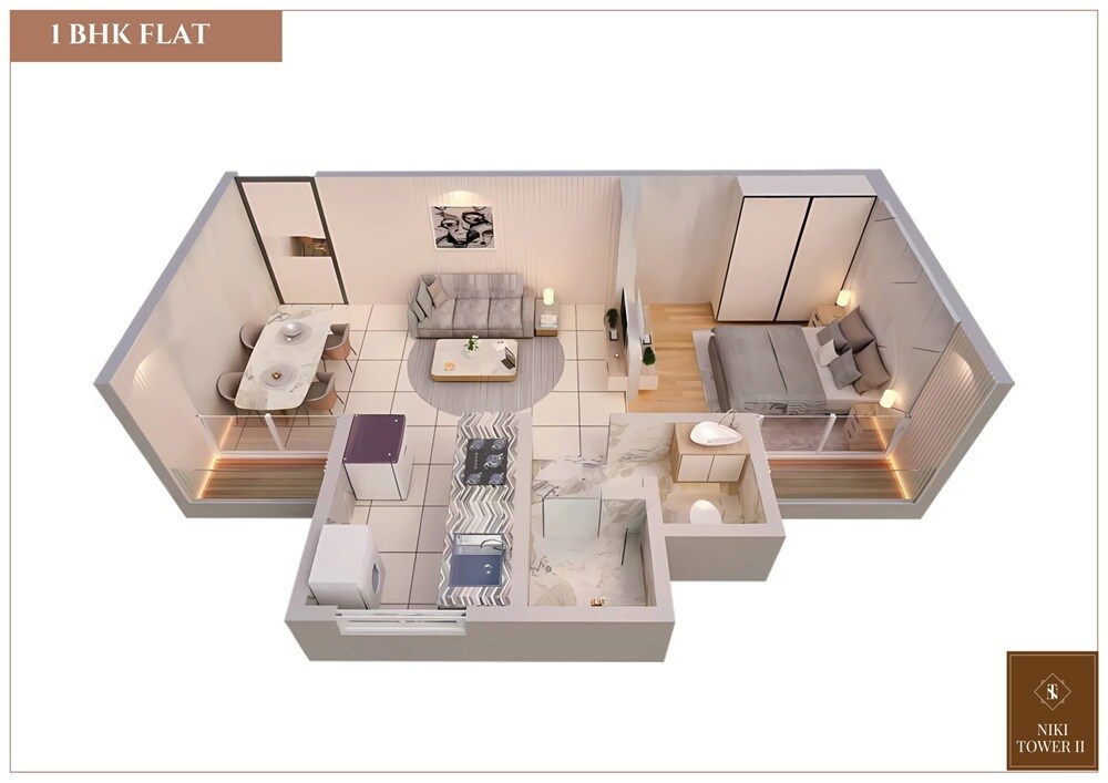 Floor plan of 1 BHK 327 Sq. Ft. Apartment in Niki Tower, Navi Mumbai