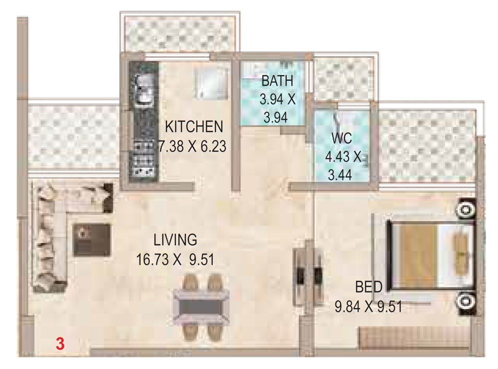 Floor plan of 1 BHK 366 Sq. Ft. Apartment in Niki Tower, Navi Mumbai