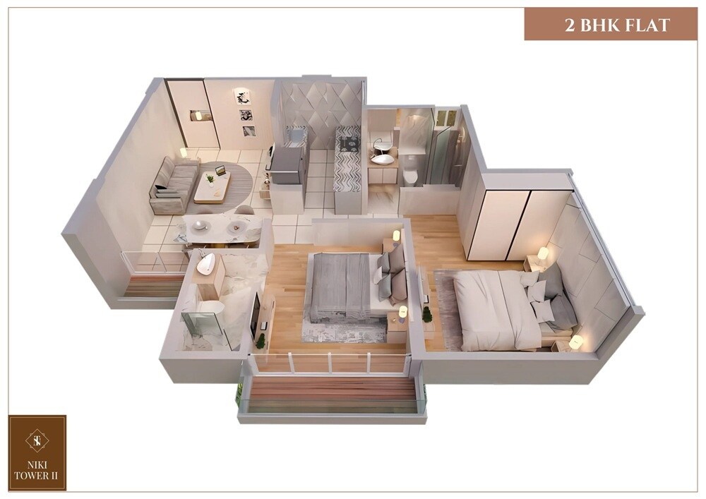 Floor plan of 2 BHK 527 Sq. Ft. Apartment in Niki Tower, Navi Mumbai